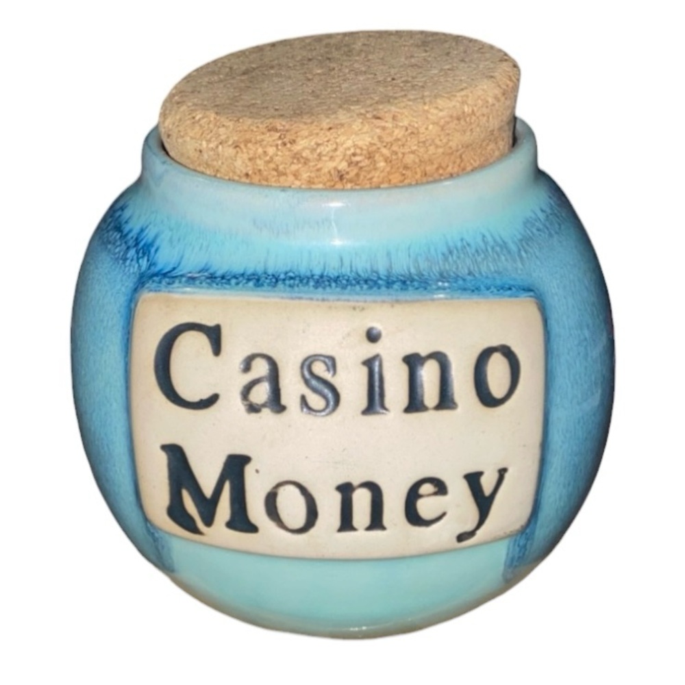 Casino Money Tumbleweed Pottery Stoneware Glazed Cork Top Jar 4.5" High